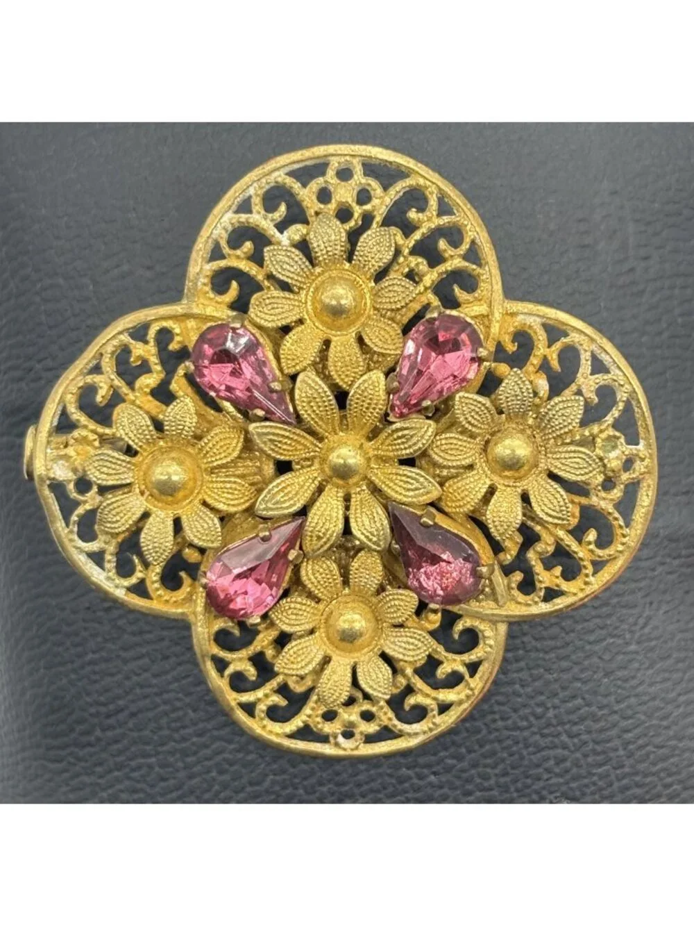 Vintage Czech Filigree Brooch Gold Tone Teardrop Pink Rhinestones Trombone Clasp